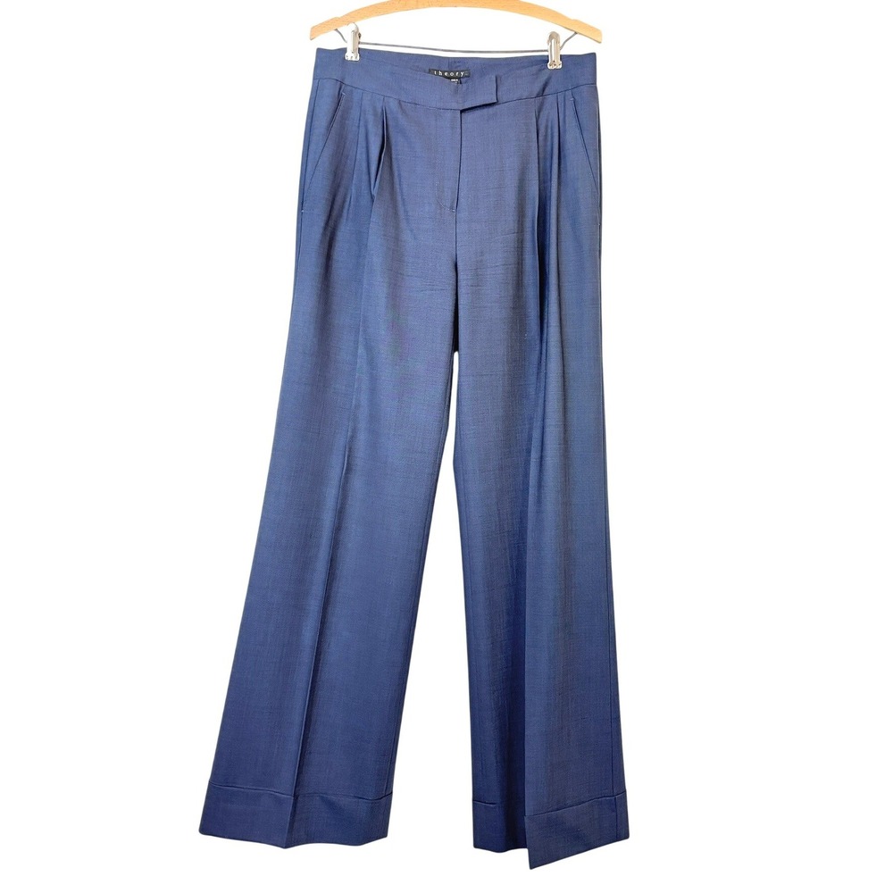 Theory Lucas Tailor Navy Blue Wool Blend Pleated Wide Leg Trousers Pants